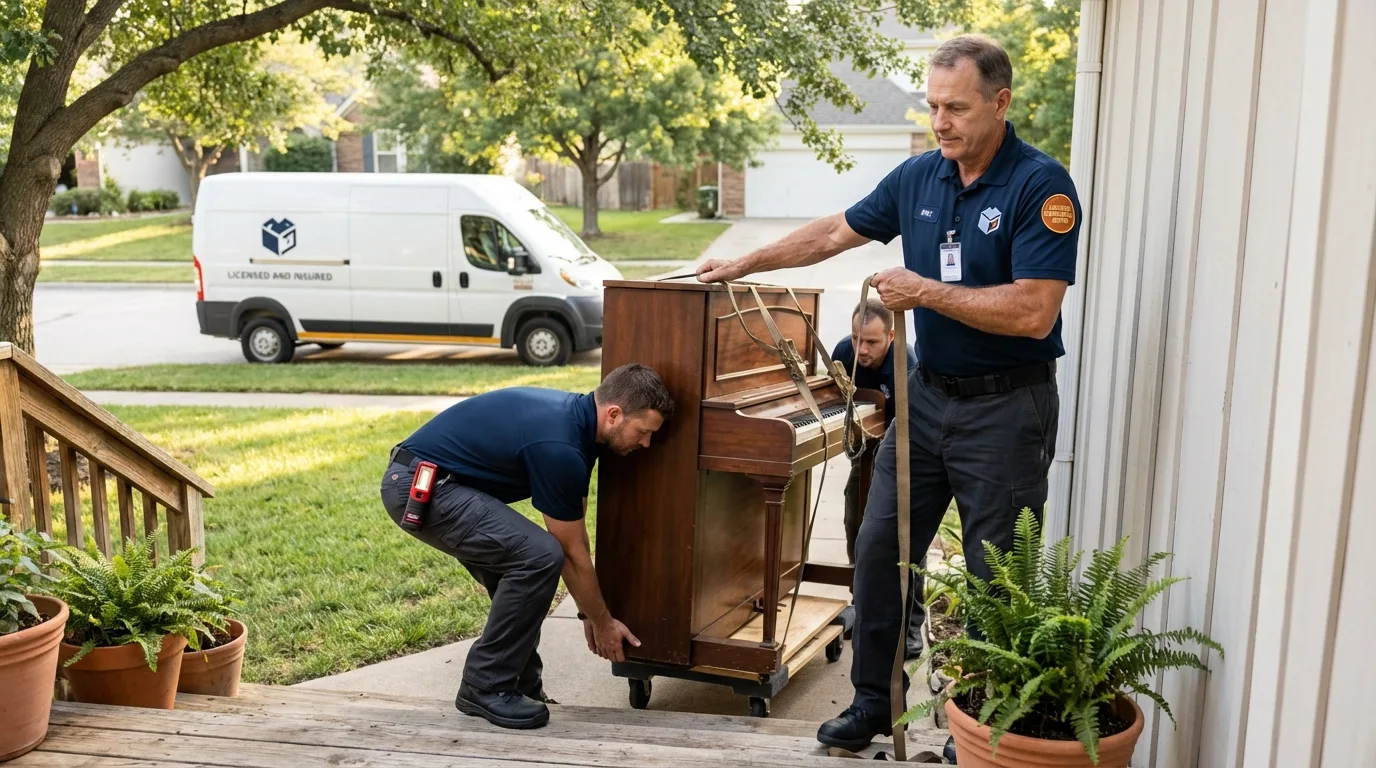 Licensed piano movers securing grand piano in Beloit, KS