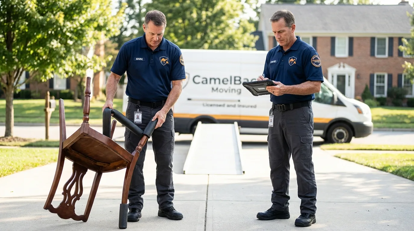 Movers inspecting furniture for damage prevention before loading in Beloit, KS