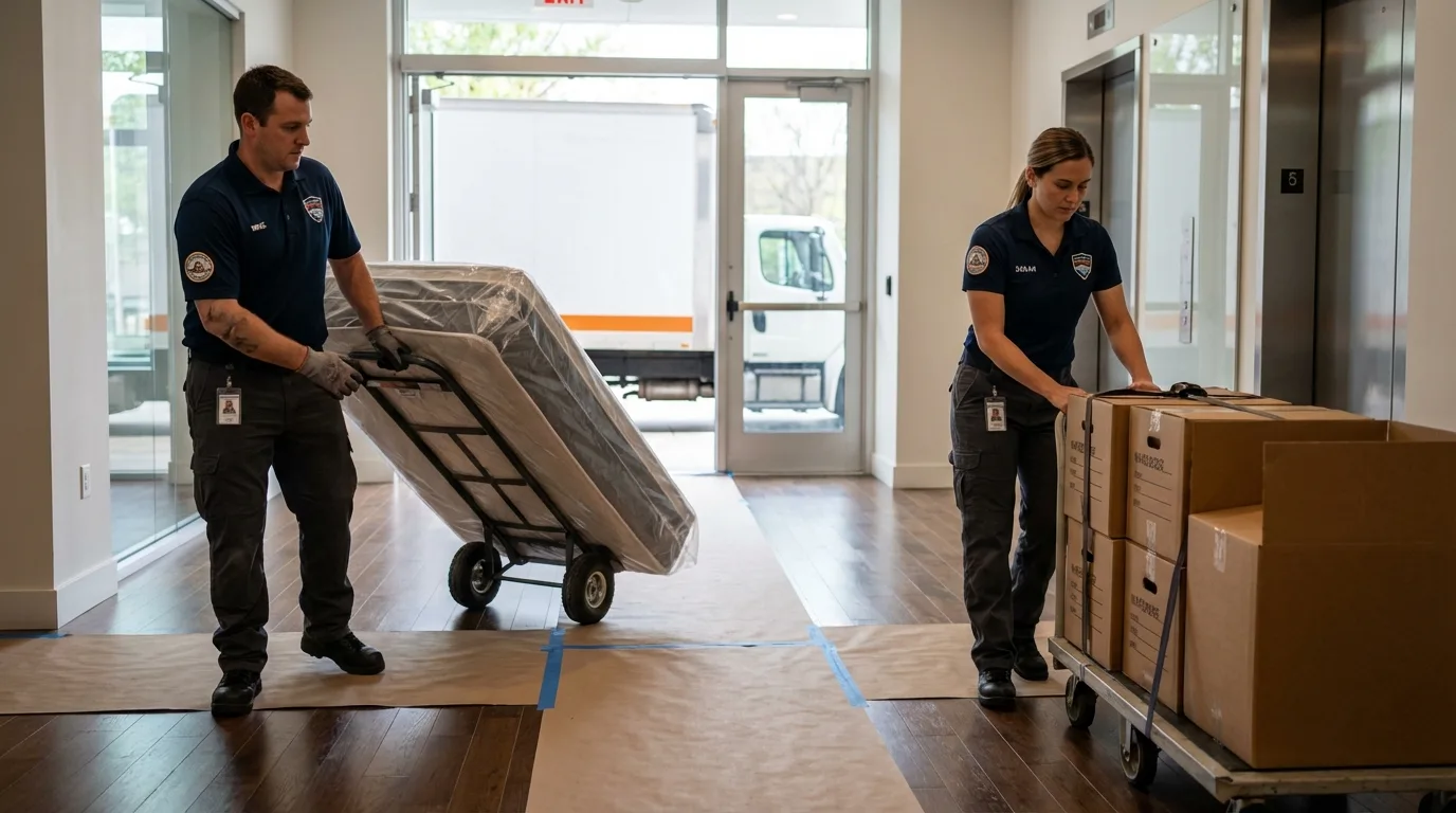 Professional apartment movers loading elevator in Beloit, KS